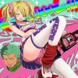  1boy alternate_costume bad_id bad_pixiv_id blonde_hair blue_eyes chainsaw cheerleader clothes_writing cosplay curly_eyebrows female genderswap_(mtf) juliet_starling lollipop_chainsaw one_piece roronoa_zoro rule_63 sanji_(one_piece) severed_head thighhighs yuuga_(cherrybomb-g) 