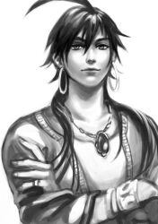  1boy ahoge crossed_arms earrings greyscale hoop_earrings jewelry long_hair magatsumagic magi_the_labyrinth_of_magic male_focus manly monochrome necklace realistic sinbad_(magi) solo 