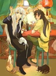  2boys animal bar_stool blue_eyes brown_hair chef chopsticks commentary_request cup earrings feline hand_up jewelry lantern long_hair male_focus meteor_methuselah multiple_boys ozaki_kaori paper_lantern photoshop_(medium) rain_jewlitt scar sitting stool very_long_hair white_hair zol_(meteor_methuselah) 