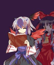  2girls alphes_(style) ascot bird_wings black_hair blue_hair book bow closed_eyes commentary_request detached_sleeves hair_tubes hairbow hakurei_reimu head_wings kaoru_(gensou_yuugen-an) long_hair long_sleeves multicolored_hair multiple_girls open_mouth parody red_wings sarashi short_hair simple_background single_head_wing smile style_parody tokiko_(touhou) touhou two-tone_hair white_hair wings yen you_gonna_get_raped 