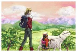  1boy backpack bag barnaby_brooks_jr. black_hair boots commentary_request female glasses jacket lolicon mountain outdoors red_jacket sheep shinobibe_himika tiger_&amp;_bunny 