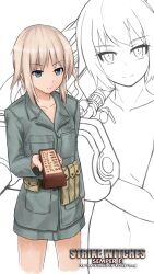  bad_id bad_pixiv_id belt blue_eyes brand_name_imitation brown_hair chocolate collarbone female hershey&#039;s m26_pershing mecha_musume mikado_(winters) military military_uniform military_vehicle motor_vehicle original pouch smile tank uniform united_states_marine_corps world_war_ii world_witches_series 