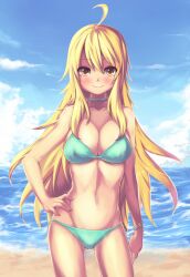  ahoge beach bikini blonde_hair blush bracelet breasts cleavage commentary_request day female green_bikini hand_on_own_hip highres hoshii_miki idolmaster idolmaster_(classic) jewelry large_breasts long_hair looking_at_viewer lowleg lowleg_bikini navel ocean saiste smile solo swimsuit yellow_eyes 