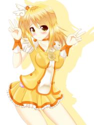  :&lt; blonde_hair blush bow choker commentary_request cosplay cure_peace cure_peace_(cosplay) double_v fairy_tail female haruka_kuromiya highres lucy_heartfilia magical_girl orange_choker photoshop_(medium) precure skirt smile_precure solo v yellow_bow yellow_eyes yellow_skirt yellow_theme 