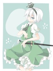  bad_id bad_pixiv_id blue_eyes female highres hitodama konpaku_youmu konpaku_youmu_(ghost) kuromari_(runia) solo sword touhou weapon white_hair 