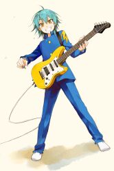  aqua_hair bad_id bad_pixiv_id electric_guitar female gakuran grin guitar holding inazuma_eleven_(series) inazuma_eleven_go instrument kariya_masaki kyou_(nodobotokemax) plectrum raimon raimon_school_uniform school_uniform smile solo yellow_eyes 