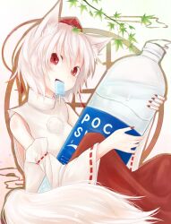  animal_ears bottle commentary_request female food hat highres inubashiri_momiji mouth_hold oversized_object pocari_sweat popsicle product_placement sitting solo tokin_hat touhou wolf_ears yukima_(yushika) 