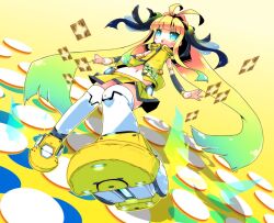  :o beatmania_iidx blush boxies commentary_request female from_below glowing glowing_eyes gradient_eyes gradient_hair kneehighs lights long_hair midriff multicolored_eyes multicolored_hair navel personification pop&#039;n_music r_85 skirt sleeveless socks solo twintails very_long_hair 