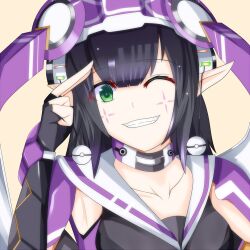  black_hair commentary_request female green_eyes grin looking_at_viewer one_eye_closed parted_lips phantasy_star phantasy_star_online_2 pointy_ears portrait rupika_(pso2) sailor_collar salute smile solo tenohira_kurumi wiola_magica 