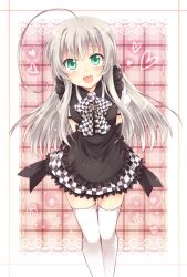  :d ahoge aqua_eyes arms_behind_back bow checkered_clothes checkered_skirt commentary_request female grey_hair haiyore!_nyaruko-san heart kousetsu long_hair nyarlathotep_(nyaruko-san) open_mouth skirt smile solo thighhighs white_thighhighs 