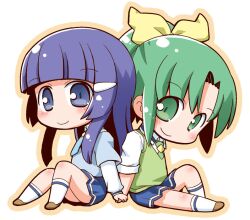  2girls aoki_reika blue_eyes blue_hair blush bow chibi commentary_request gerotan green_eyes green_hair hair_ornament hairbow hairclip long_hair midorikawa_nao multiple_girls nanairogaoka_middle_school_uniform necktie ponytail precure school_uniform sitting skirt sleeves_rolled_up smile smile_precure socks 