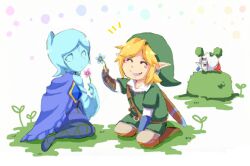  2boys belt blonde_hair blue_eyes blue_hair cape commentary_request earrings female fi_(zelda) flower ghirahim gloves gohan_(horth-waribasi) hat jewelry link multiple_boys pantyhose photoshop_(medium) pointy_ears smile the_legend_of_zelda the_legend_of_zelda:_skyward_sword white_hair 