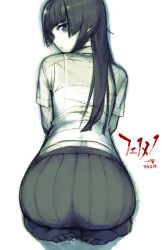  ass black_hair black_pantyhose blue_eyes blunt_bangs female from_behind highres long_hair looking_back mitsurugi_yoishi namaniku_atk official_art pale_skin pantyhose phenomeno photoshop_(medium) skirt solo translated 