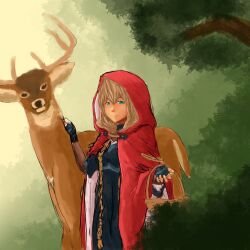  animal bad_link basket blonde_hair blue_eyes deer female fingerless_gloves front_ponytail gloves grimm&#039;s_fairy_tales highres hood hood_up little_red_riding_hood little_red_riding_hood_(grimm) long_hair pandaga 