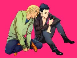  2boys black_hair blonde_hair casual cellphone commentary_request denim el_shaddai enoch green_eyes indian_style jeans lucifel_(el_shaddai) magatsumagic male_focus multiple_boys pants phone pink_background red_eyes simple_background sitting 