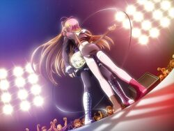  1boy antenna_hair ass bass_guitar boots brown_hair concert couple crossdressing dutch_angle electric_bass female fingerless_gloves game_cg gloves hair_ornament hug instrument katakura_shinji kira_kira kissing long_hair love maejima_shikako maejima_shikanosuke orange_hair pink_hair shiino_kirari skirt straight suspenders trap very_long_hair wire 