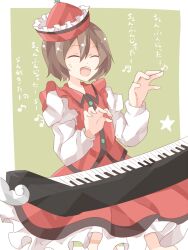  bad_id bad_pixiv_id brown_hair buttons closed_eyes female frilled_skirt frills green_background hat instrument keyboard_(instrument) kuromari_(runia) lyrica_prismriver musical_note red_hat red_shirt red_skirt shirt short_hair skirt solo star_(symbol) touhou translation_request 