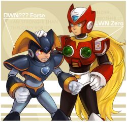  2boys android armor bass_(mega_man) blonde_hair blue_eyes chest_jewel commentary_request english_text forehead_jewel hand_on_another&#039;s_head headpat long_hair magatsumagic male_focus mega_man_(classic) mega_man_(series) mega_man_x_(series) multiple_boys ponytail red_eyes robot very_long_hair zero_(mega_man) 