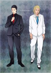  2boys argyle_background black_hair blonde_hair commentary_request el_shaddai enoch formal green_eyes lucifel_(el_shaddai) magatsumagic male_focus multiple_boys necktie red_eyes suit 