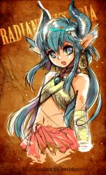  aht animal_ears aqua_hair artist_name blue_eyes commentary_request copyright_name dated earrings female horns jewelry long_hair midriff monster_girl navel official_art open_mouth radiant_historia sanjou_sorata solo watermark web_address 