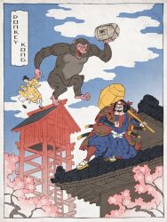  1boy asa_no_ha_(pattern) barefoot barrel character_name cherry_blossoms cloud donkey_kong donkey_kong_(1981_game) donkey_kong_(series) female fine_art_parody geta hammer jed_henry katana mario mario_(series) nihonga parody pauline_(mario) photoshop_(medium) print_(medium) sake_barrel samurai sandals sheath shoes single_shoe sword tower ukiyo-e waraji weapon 