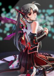  absurdres antenna_hair bare_shoulders black_hair breasts commentary_request detached_sleeves female highres light_smile long_hair looking_back mecha_musume medium_breasts neon_trim okingjo original red_eyes signature sitting skirt solo twintails wariza wings 