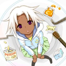  book chips_(food) commentary_request dark-skinned_female dark_skin female food from_above guitar hood hoodie instrument koto_maid lilly_bell miniskirt_pirates potato_chips purple_eyes skirt solo white_hair 