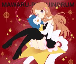  bad_id bad_pixiv_id boots brown_hair cheek_press dress female hair_ornament high_heels komi_zumiko long_hair mawaru_penguindrum panties pantyshot penguin_3-gou purple_eyes shoes sitting solo takakura_himari thigh_boots thighhighs underwear 