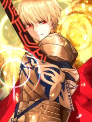  1boy armor blonde_hair command_spell commentary_request ea_(fate/stay_night) earrings fate/zero fate_(series) gilgamesh_(fate) hair_down jewelry male_focus short_hair sim1 solo weapon 