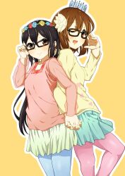  2girls ;d back-to-back bad_id bad_pixiv_id bespectacled black_hair blue_legwear brown_eyes brown_hair crown girock glasses head_wreath hirasawa_yui holding_hands interlocked_fingers k-on! long_hair multiple_girls nakano_azusa one_eye_closed open_mouth pantyhose pink_legwear round_teeth skirt smile teeth tiara twintails 