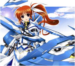  armor brown_hair cloud commentary_request dress female fortress_(nanoha) gun long_hair lyrical_nanoha magical_girl mahou_senki_lyrical_nanoha_force open_mouth purple_eyes raising_heart raising_heart_(standby_mode) ribbon sakazaki_akira side_ponytail sky smile strike_cannon sun takamachi_nanoha weapon 