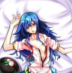  bad_id bad_pixiv_id blue_hair blush female food fruit hat hinanawi_tenshi long_hair lying navel no_bra on_back open_clothes open_mouth open_shirt pandora-ex peach red_eyes shirt solo touhou unworn_hat unworn_headwear 