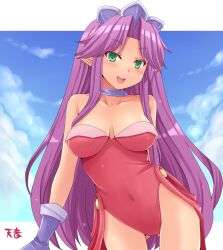  :d amane_hasuhito angela_(seiken_densetsu_3) bad_id bad_pixiv_id breasts cleavage cloud collar colored_eyelashes crown female gloves green_eyes large_breasts leotard long_hair looking_at_viewer open_mouth pointy_ears purple_hair red_leotard seductive_smile seiken_densetsu seiken_densetsu_3 sky smile solo 