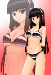  arm_behind_back bare_shoulders beatmania_iidx bikini black_hair blunt_bangs breasts cleavage commentary_request female gradient_background hand_on_own_arm headphones highres hime_cut hinazuki_ririna kenken long_hair looking_at_viewer medium_breasts navel o-ring o-ring_top official_style red_eyes smile solo standing striped_bikini striped_clothes swimsuit underboob zoom_layer 