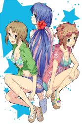  3girls :d akizuki_ritsuko amami_haruka aqua_nails bikini blue_eyes blue_hair breasts brown_eyes brown_hair commentary_request flower from_behind from_side full_body glasses green_eyes grin hair_flower hair_ornament hair_ribbon hibiscus highres idolmaster idolmaster_(classic) kisaragi_chihaya looking_at_viewer looking_back medium_breasts multiple_girls nail_polish open_mouth polka_dot polka_dot_footwear ponekusan ribbon sandals shirt shoes short_hair shorts sleeves_rolled_up smile star_(symbol) starry_background sunglasses swimsuit tied_shirt 