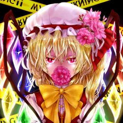  ameya_nihachi blonde_hair buttons caution_tape commentary_request embellished_costume female flandre_scarlet flower flower_in_mouth hat hat_ribbon pink_eyes ribbon shirt short_hair side_ponytail solo touhou upper_body vest wings 