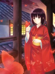  blunt_bangs bob_cut brown_eyes brown_hair bug butterfly commentary_request fatal_frame fatal_frame_2 female japanese_clothes kimono megimegyo obi photoshop_(medium) red_butterfly red_kimono sash short_hair smile solo sunset tachibana_chitose 