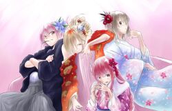  4girls adenokouji_nadeshiko binbougami_ga! blonde_hair brown_eyes commentary_request crossed_arms floral_print flower furisode grey_hair hair_flower hair_ornament hakama hakama_skirt haori japanese_clothes kanzashi kimono long_hair momiji_(binbougami_ga!) multiple_girls negresco new_year obi pink_hair red_hair rindou_ranmaru sakura_ichiko sash short_hair sitting skirt 