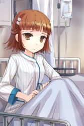  artist_request bed blunt_bangs brown_eyes brown_hair expressionless female hair_ornament hairpin half_updo hospital_bed indoors intravenous_drip iv_stand lowres lucca_(sword_girls) photoshop_(medium) sitting solo striped sword_girls 