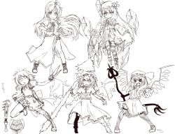  5girls bad_id bad_pixiv_id book flandre_scarlet hat hong_meiling izayoi_sakuya kumonji_aruto laevatein_(touhou) long_hair looking_at_viewer monochrome multiple_girls open_mouth patchouli_knowledge remilia_scarlet sekaiju_no_meikyuu short_hair simple_background smile spear_the_gungnir touhou white_background wings 