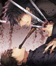  2boys at_gunpoint black_eyes black_hair black_keys_(type-moon) blood blood_in_mouth brown_eyes brown_hair commentary_request cross emiya_kiritsugu fate/zero fate_(series) gun gun_in_mouth handgun holding holding_gun holding_weapon kotomine_kirei kuroemon male_focus mexican_standoff multiple_boys thompson/center_contender weapon 