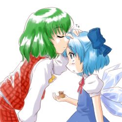  2girls ascot blue_dress blue_eyes blue_hair bow cirno closed_eyes commentary_request dress dress_shirt green_hair hairbow headpat kazami_yuuka kissing kissing_forehead multiple_girls plaid plaid_vest shirt short_hair supon touhou vest wings 