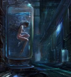  afloat barefoot black_hair closed_eyes commentary covering_breasts covering_privates female floating_hair grey_hair hallway highres laboratory long_hair machine navel nude original photoshop_(medium) science_fiction solo stasis_tank submerged tube ushas water 