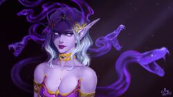  bare_shoulders breasts circlet cleavage colored_skin commentary dark_elf elf female grey_hair highres lady_vashj long_eyebrows medium_breasts miya_rrr neck_ribbon night_elf_(warcraft) pointy_ears purple_eyes purple_lips purple_skin ribbon shade signature smile snake solo spirit upper_body warcraft world_of_warcraft 