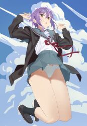  :o absurdres black_cardigan black_shoes black_socks blue_sailor_collar blue_skirt blue_sky bow bow_panties brown_eyes cardigan cloud cloudy_sky commentary_request day female from_below hands_up highres kita_high_school_uniform kneehighs leo_liao323 long_sleeves nagato_yuki open_cardigan open_clothes panties parted_lips pleated_skirt purple_hair red_ribbon ribbon sailor_collar school_uniform serafuku shirt shoes short_hair skirt sky socks solo suzumiya_haruhi_no_yuuutsu thighs underwear white_panties white_shirt wind wind_lift winter_uniform 