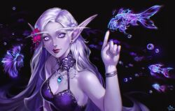  absurdres air_bubble bracelet breasts bubble choker cleavage colored_skin commentary commission dark_elf elf female fish gem halterneck highres jewelry long_eyebrows long_hair medium_breasts miya_rrr necklace night_elf_(warcraft) pointy_ears purple_choker purple_eyes purple_hair purple_lips purple_nails purple_skin smile solo spirit warcraft world_of_warcraft 
