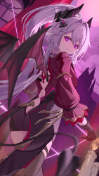  ass back bat_wings black_gloves black_horns black_skirt black_tail black_thighhighs blurry blurry_foreground bright_pupils candle closed_mouth commentary demon_tail female from_behind gloves hair_intakes hair_ornament high_ponytail highres honkai_(series) honkai_impact_3rd horns jacket long_hair looking_at_viewer looking_back official_alternate_costume outdoors pink_jacket ponytail purple_eyes purple_sky siyue skirt sky solo tail thelema_nutriscu thelema_nutriscu_(gentle_is_the_night) thighhighs very_long_hair white_pupils wings 