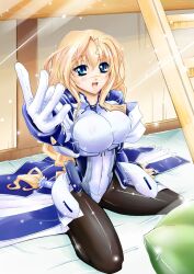  bed black_legwear blonde_hair blue_eyes bodysuit braid braided_hair breasts dorm female female gloves kyoukai_senjou_no_horizon kyoukaisenjou_no_horizon large_breasts mary_stuart pantyhose scar smile solo youb 