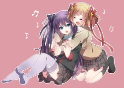  2girls blonde_hair blue_eyes commentary_request hug hug_from_behind kamikita_komari little_busters! little_busters!_school_uniform multiple_girls musical_note plaid plaid_skirt purple_hair sasasegawa_sasami school_uniform short_hair skirt takumi_(scya) thighhighs 