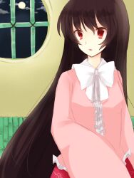  ajiriko bad_id bad_pixiv_id banned_artist brown_hair full_moon houraisan_kaguya long_hair moon night red_eyes round_window solo touhou upper_body very_long_hair window 